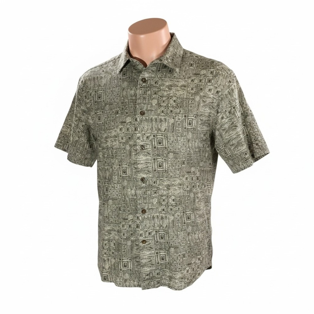 Woolrich Hawaiian Aloha Shirt Medium Tribal Fishing Reels Fish Olive-Green Brown